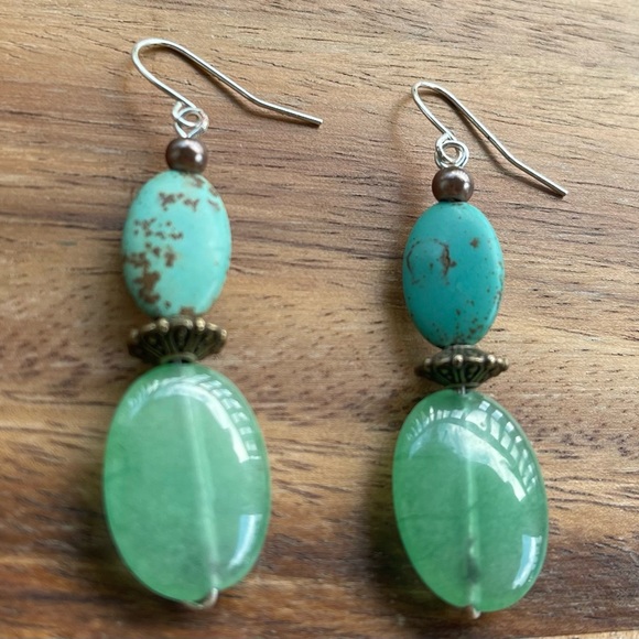 Hand-Crafted Light Green Stone Turquoise Stone Earrings with Brown Accent Beads - Picture 4 of 4